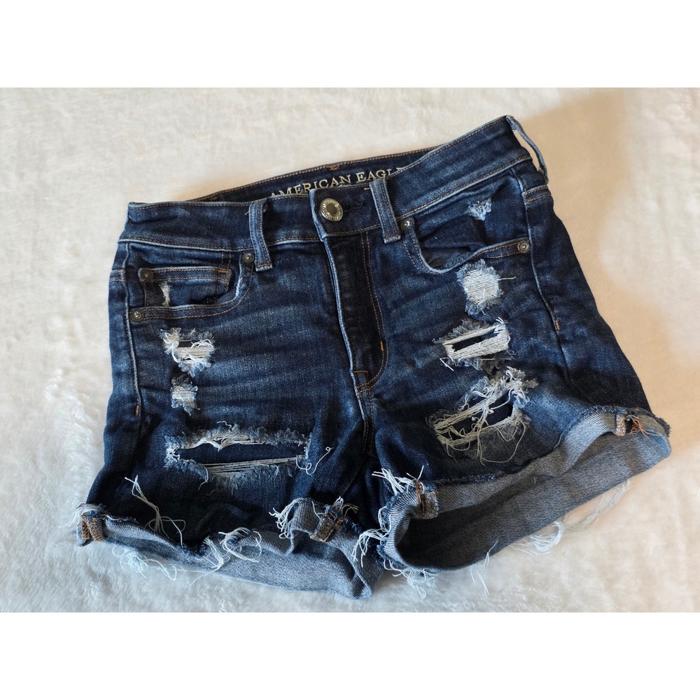 American Eagle Hi-Rise Shortie Distressed Denim Shorts Dark Wash Womens Size 2